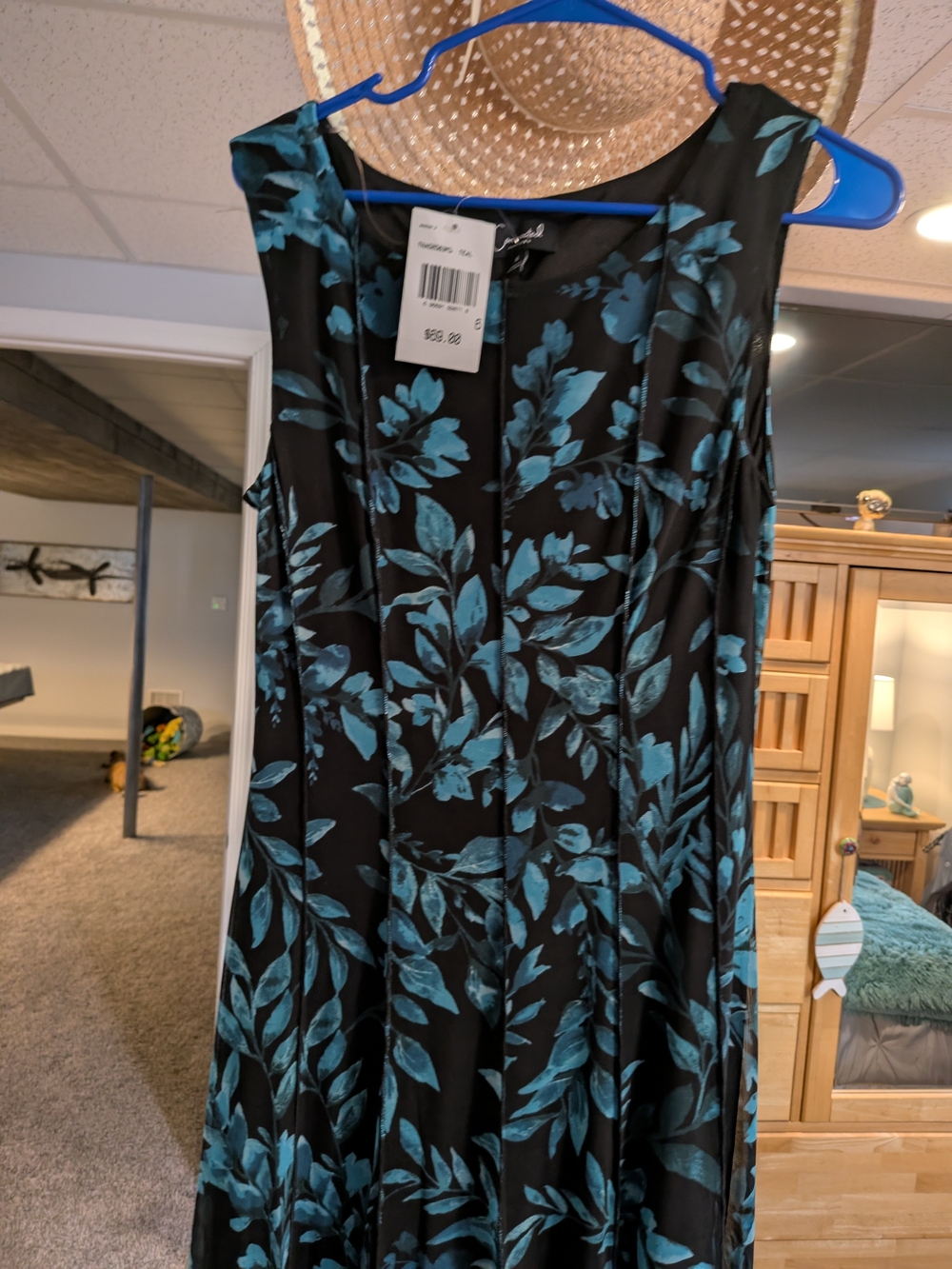 Sleeveless Black Maxi Dress with Teal Leaf Print